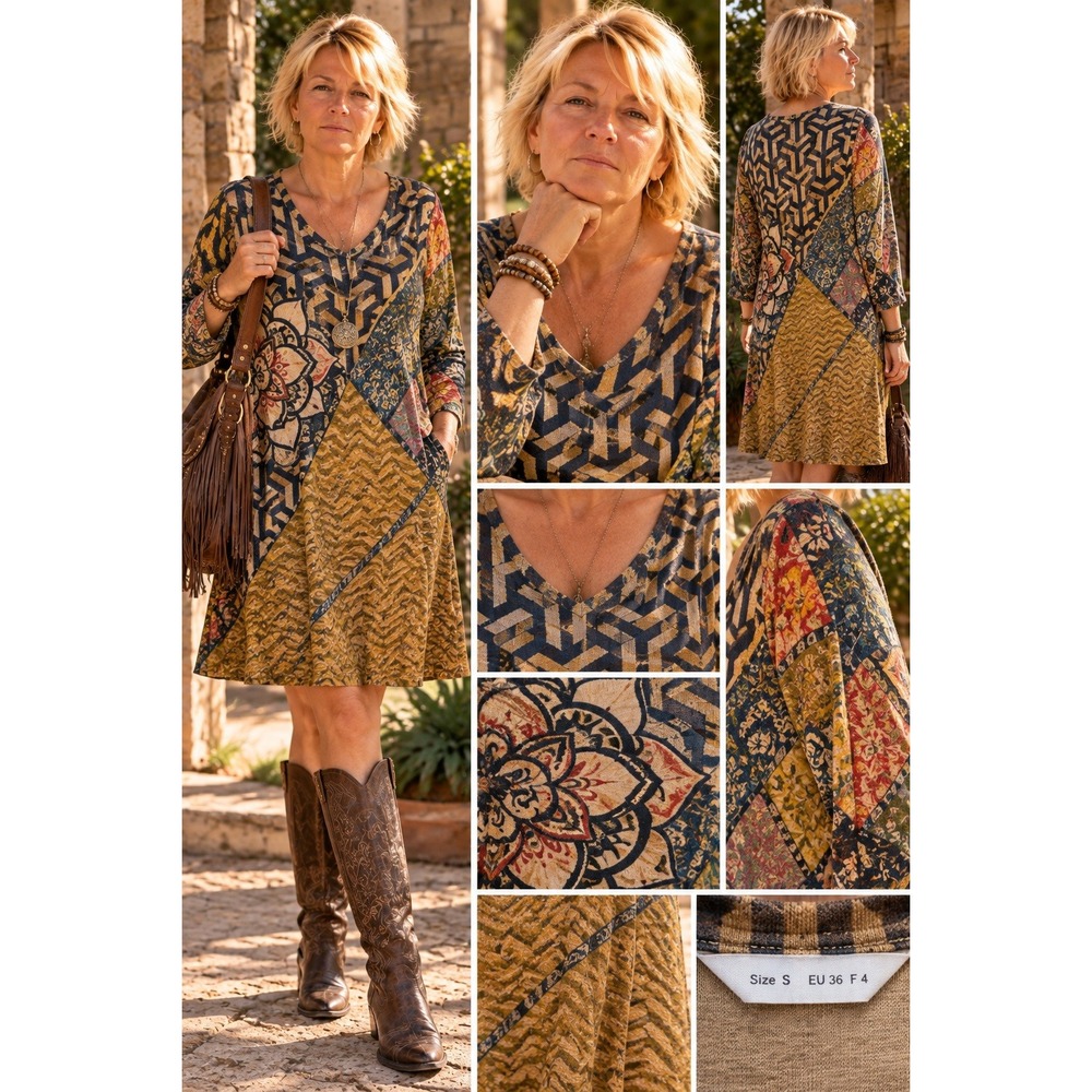 Boho Art to Wear Tunic Dress S Patchwork Tapestry Floral Lagenlook Geometric S